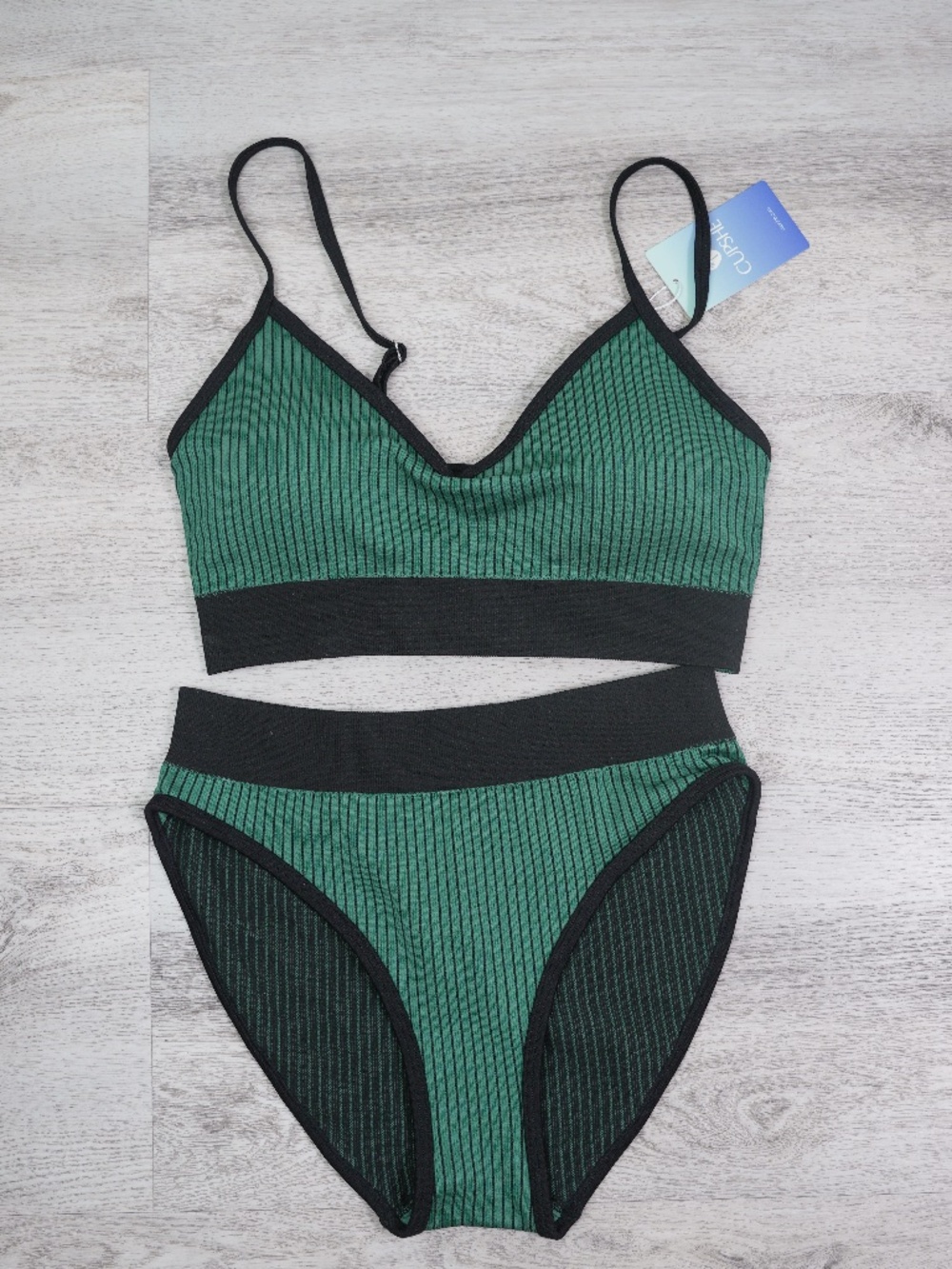 Cupshe Women’s Bikini Set Size M Green Black Ribbed High Waist 2 Piece NWT